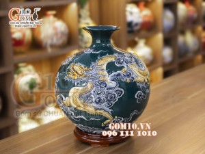 Bình hút lộc men màu đắp nổi Long Phụng, cao 36cm