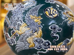 Bình hút lộc men màu đắp nổi Long Phụng, cao 36cm