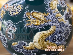 Bình hút lộc men màu đắp nổi Long Phụng, cao 36cm