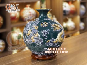 Bình hút lộc men màu đắp nổi Long Phụng, cao 36cm