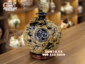 Bình hút lộc men màu đắp nổi Phú Quý Tài Lộc, cao 36cm