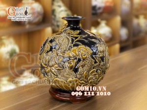 Bình hút lộc men màu đắp nổi Phú Quý Tài Lộc, cao 36cm