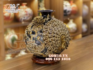 Bình hút lộc men màu đắp nổi Phú Quý Trường Xuân, cao 36cm