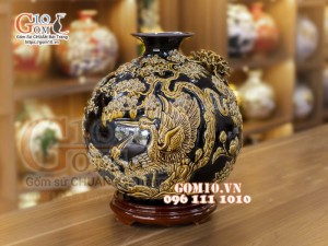 Bình hút lộc men màu đắp nổi Phú Quý Trường Xuân, cao 36cm