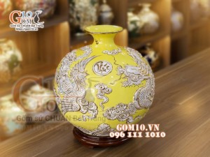 Bình hút lộc men màu đắp nổi vẽ vàng Long Phụng, cao 36cm