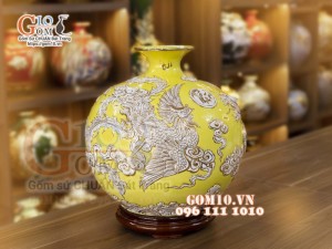 Bình hút lộc men màu đắp nổi vẽ vàng Long Phụng, cao 36cm