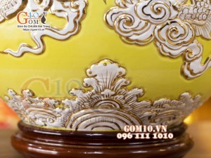 Bình hút lộc men màu đắp nổi vẽ vàng Long Phụng, cao 36cm