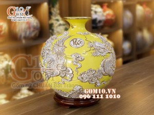 Bình hút lộc men màu đắp nổi vẽ vàng Long Phụng, cao 36cm
