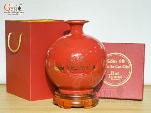 Bình hút lộc men màu đỏ cảnh Thuận Buồm Xuôi Gió vàng kim, cao 26cm
