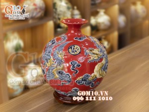 Bình hút lộc men màu đỏ đắp nổi Long Phụng, cao 36cm