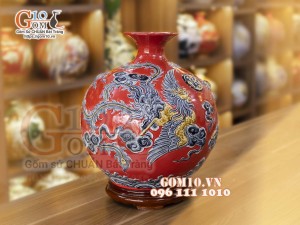 Bình hút lộc men màu đỏ đắp nổi Long Phụng, cao 36cm