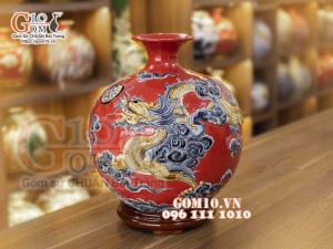 Bình hút lộc men màu đỏ đắp nổi Long Phụng, cao 36cm