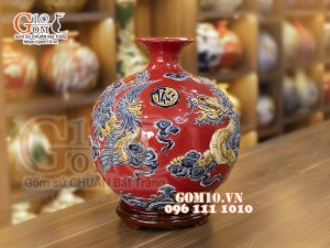 Bình hút lộc men màu đỏ đắp nổi Long Phụng, cao 36cm