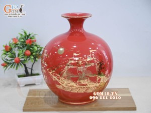 Bình hút lộc men màu, họa tiết Thuận buồm Xuôi Gió  vàng kim, cao 30cm