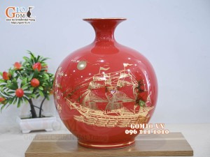 Bình hút lộc men màu, họa tiết Thuận buồm Xuôi Gió  vàng kim, cao 30cm