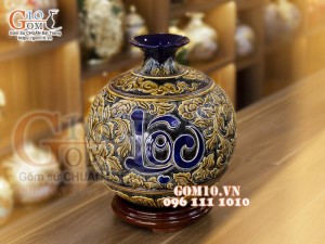 Bình hút lộc men màu, khắc nổi Phù dung, cao 35cm