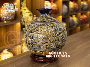 Bình hút lộc men màu, khắc nổi Phù dung, cao 35cm