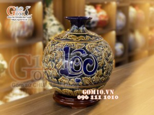 Bình hút lộc men màu, khắc nổi Phù dung, cao 35cm