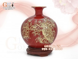 Bình hút lộc men màu, nền đỏ, vẽ vàng kim Phúc Lộc Khang Ninh, cao 18cm