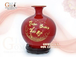 Bình hút lộc men màu, nền đỏ, vẽ vàng kim Thuận buồm Xuôi gió, cao 22cm (mẫu 2)