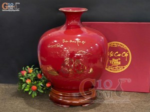 Bình hút lộc men màu, nền đỏ, vẽ vàng kim Thuận buồm Xuôi gió in logo, cao 35cm