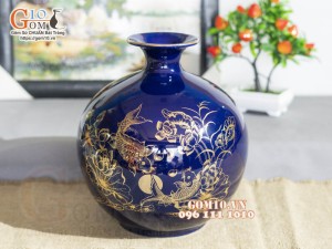 Bình hút lộc men màu, nền tím, họa tiết Cá chép Liên hoa - Niên Niên Hữu Dư vàng kim, cao 30cm