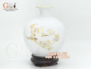 Bình hút lộc men màu, nền trắng, vẽ vàng kim họa tiết Công đào, cao 35cm