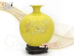 Bình hút lộc men màu, nền vàng, vẽ vàng kim Phúc Lộc Khang Ninh, cao 30cm