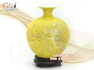 Bình hút lộc men màu, nền vàng, vẽ vàng kim Phúc Lộc Khang Ninh, cao 22cm