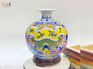 Bình hút lộc men màu nền xanh, cảnh Vạn Sự Như Ý, cao 25cm