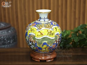 Bình hút lộc men màu nền xanh, cảnh Vạn Sự Như Ý vẽ vàng, cao 25cm