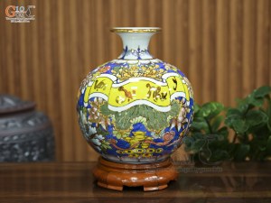 Bình hút lộc men màu nền xanh, cảnh Vạn Sự Như Ý vẽ vàng, cao 25cm