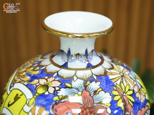 Bình hút lộc men màu nền xanh, cảnh Vạn Sự Như Ý vẽ vàng, cao 25cm