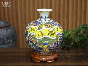 Bình hút lộc men màu nền xanh, cảnh Vạn Sự Như Ý vẽ vàng, cao 25cm
