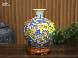 Bình hút lộc men màu nền xanh, cảnh Vạn Sự Như Ý vẽ vàng, cao 25cm