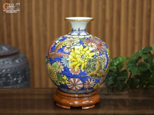 Bình hút lộc men màu nền xanh, cảnh Vạn Sự Như Ý vẽ vàng, cao 25cm