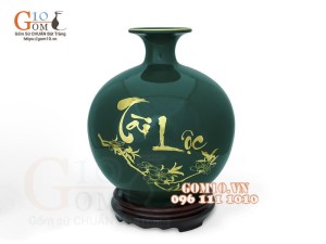 Bình hút lộc men màu, nền xanh lục, vẽ vàng kim họa tiết Công đào, cao 22cm