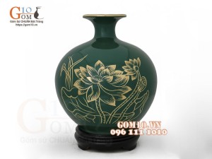 Bình hút lộc men màu, nền xanh lục, vẽ vàng kim họa tiết Sen, cao 18cm