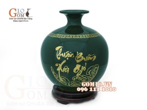 Bình hút lộc men màu, nền xanh lục, vẽ vàng kim Thuận buồm Xuôi gió, cao 22cm