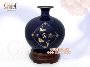 Bình hút lộc men màu, nền xanh, vẽ vàng kim Cá chép Liên hoa, cao 30cm