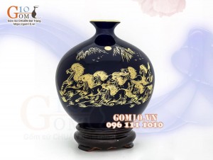 Bình hút lộc men màu, nền xanh, vẽ vàng kim Mã đáo Thành công, cao 35cm