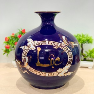Bình hút lộc men màu, nền xanh, vẽ vàng kim Phúc Lộc, cao 35cm