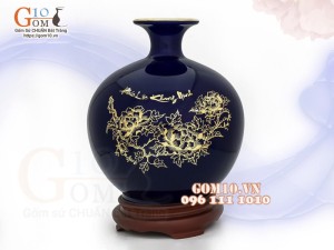 Bình hút lộc men màu, nền xanh, vẽ vàng kim Phúc Lộc Khang Ninh, cao 30cm