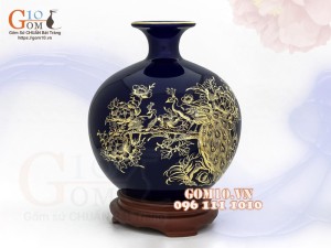 Bình hút lộc men màu, nền xanh, vẽ vàng kim Phúc Lộc Khang Ninh, cao 35cm