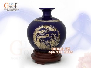 Bình hút lộc men màu, nền xanh, vẽ vàng kim Phượng hóa, cao 22cm
