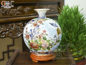 Bình hút lộc men màu Nhị Cảnh Thuận Buồm Xuôi Gió - Chim Hoa vẽ vàng 24k, cao 30cm