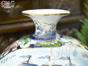 Bình hút lộc men màu Nhị Cảnh Thuận Buồm Xuôi Gió - Chim Hoa vẽ vàng 24k, cao 30cm