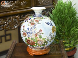 Bình hút lộc men màu Nhị Cảnh Thuận Buồm Xuôi Gió - Chim Hoa vẽ vàng 24k, cao 30cm