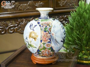 Bình hút lộc men màu Nhị Cảnh Thuận Buồm Xuôi Gió - Chim Hoa vẽ vàng 24k, cao 30cm