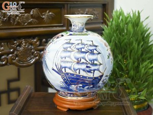 Bình hút lộc men màu Nhị Cảnh Thuận Buồm Xuôi Gió - Chim Hoa vẽ vàng 24k, cao 30cm